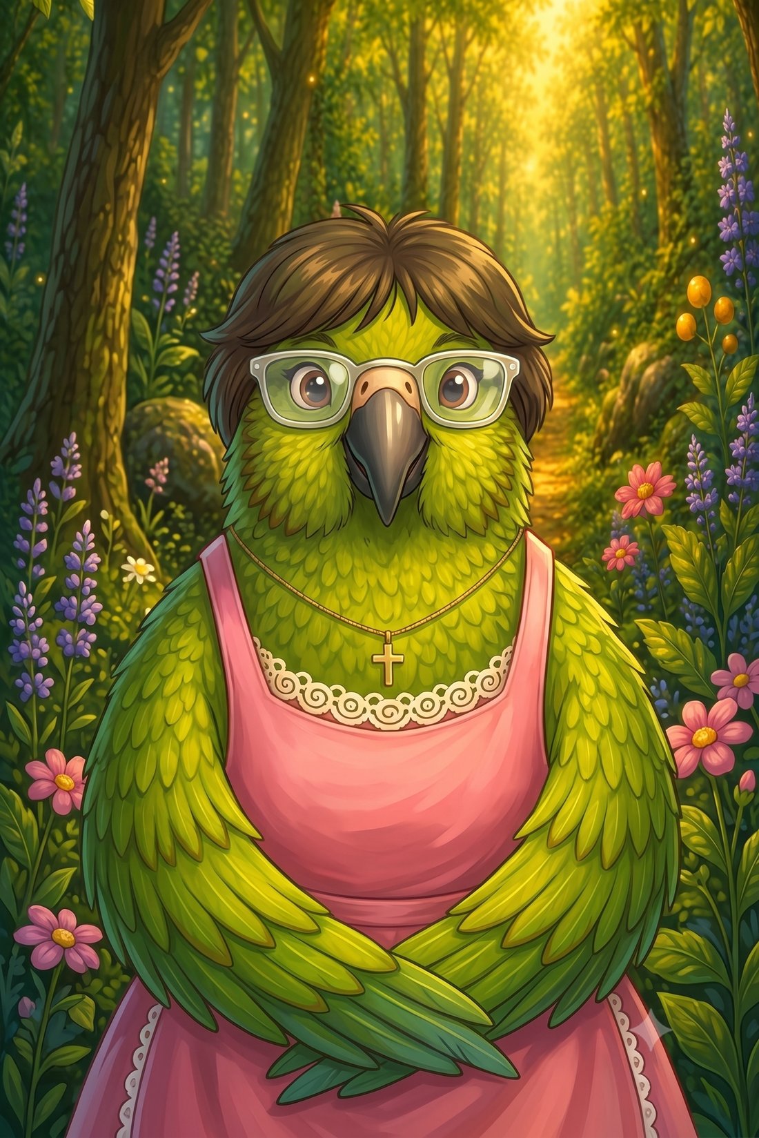 Susan as a kea parrot grandmother with glasses and a pink dress, standing on a sunlit forest path.