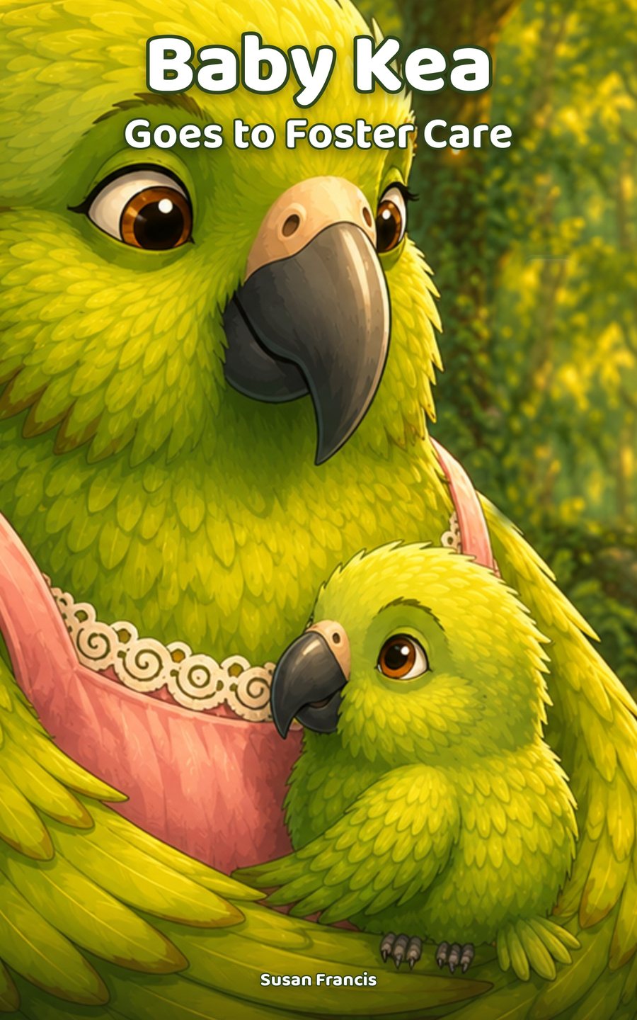 The book cover: Mummy Parrot cradles Baby Kea, with the title Baby Kea Goes to Foster Care.