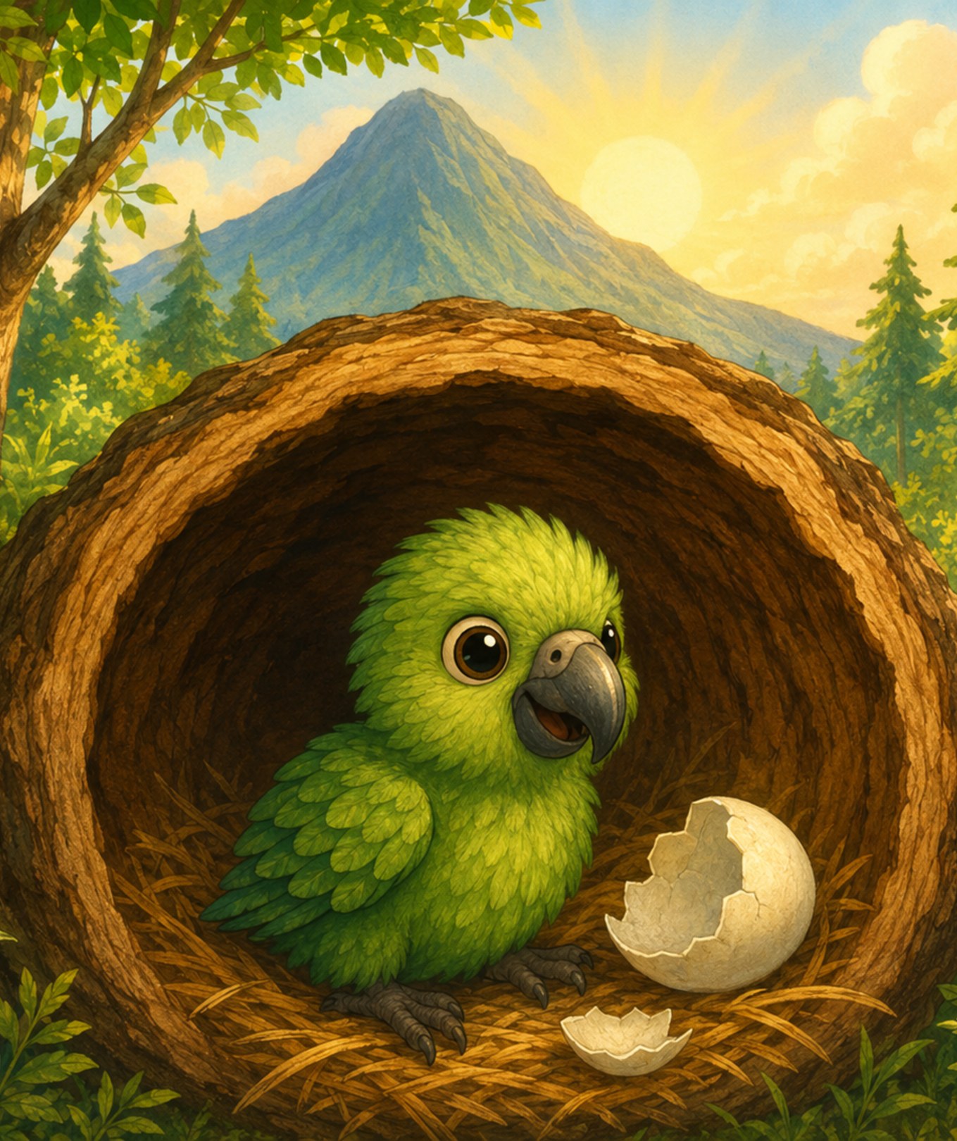 Baby Kea hatches from an egg in a cosy nest inside a hollow log.