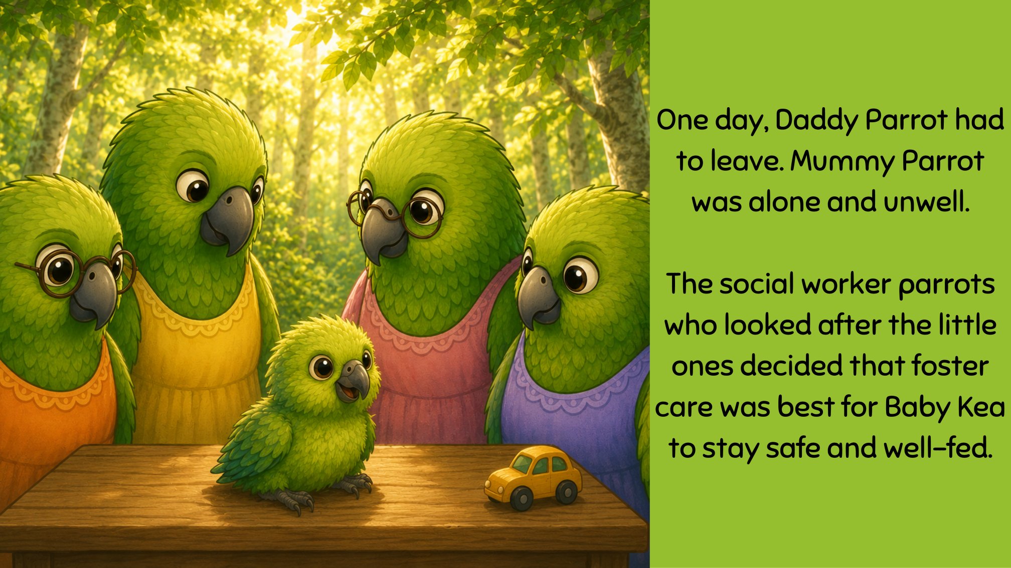 Sample spread: the social worker parrots meet Baby Kea.