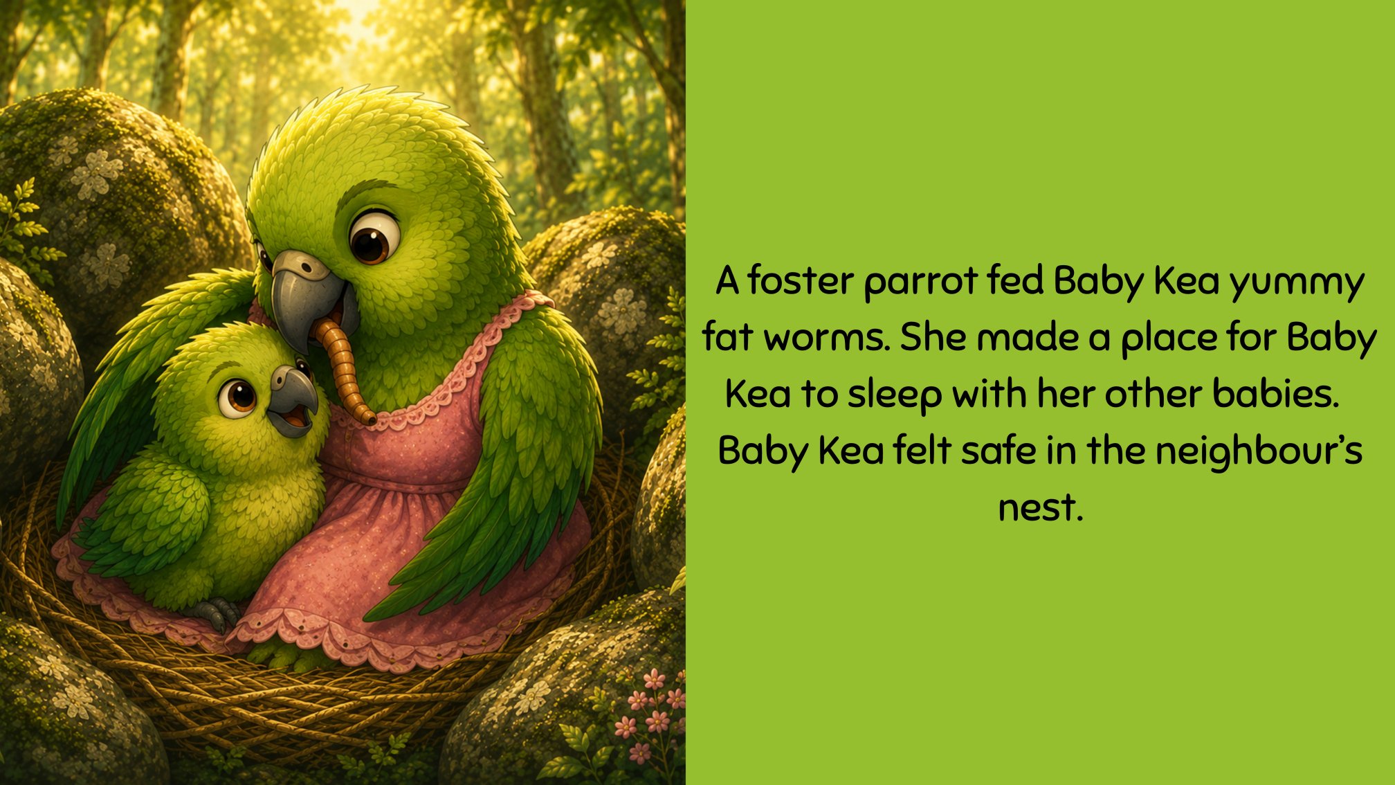 Sample spread: the foster parrot feeds Baby Kea.