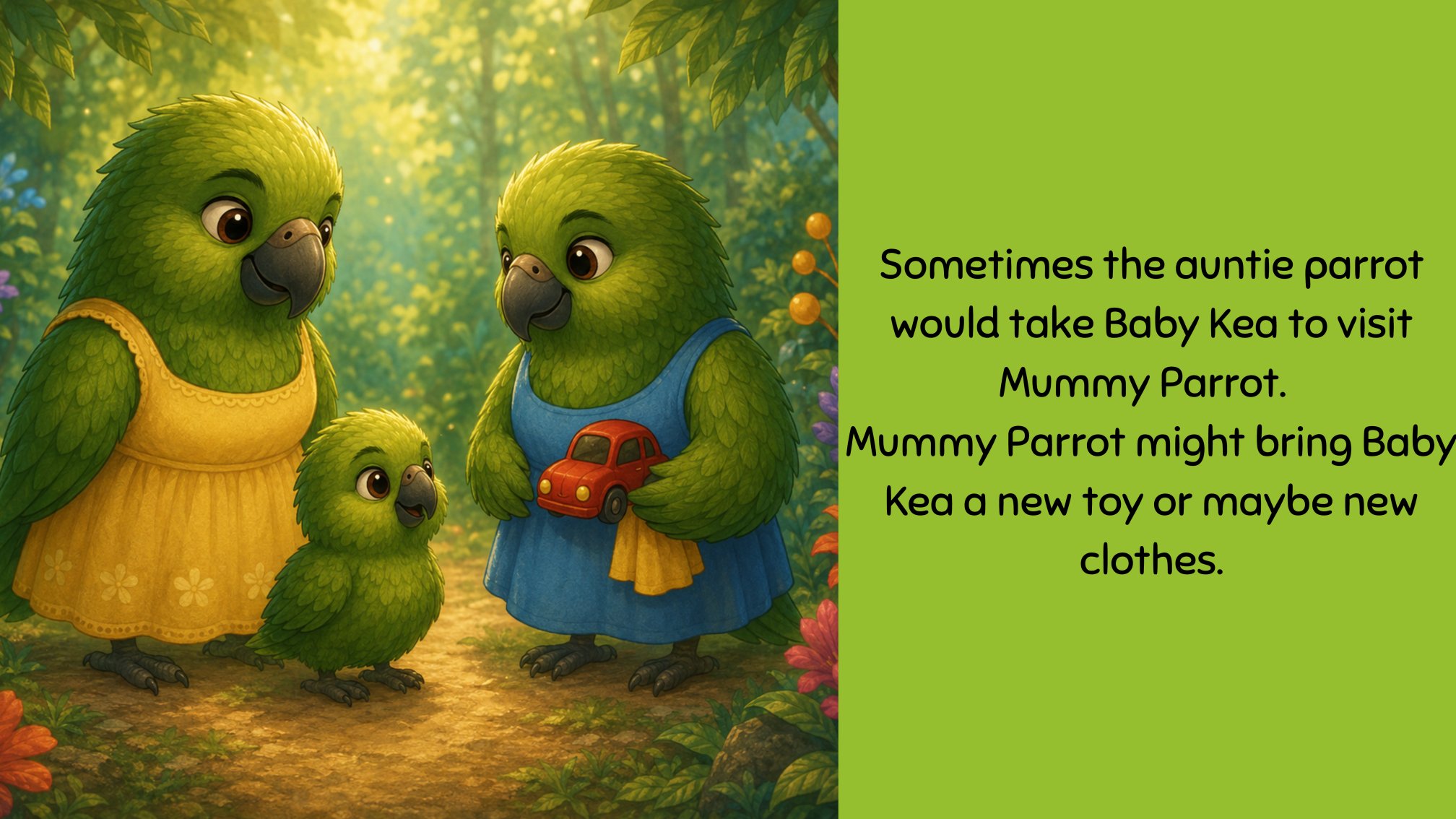 Sample spread: visiting Mummy Parrot with the auntie parrot.